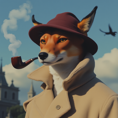 A stylized anthropomorphic dog dressed as a detective, wearing a trench coat, hat, and smoking a pipe. The character evokes a reimagined version of Sherlock Hound from Miyazaki’s classic series.
