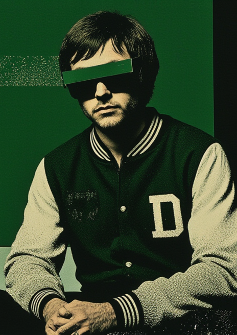 Banner image of Emmanuel Lagrange Paquet stylized in Krea AI. Green screen studio with automobile, he is wearing a green varsity jacket with the letter 'D' on it. 