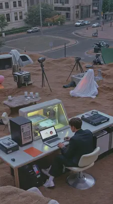 A digital artist working at a desk surrounded by floating clouds and surreal digital visuals. The once-active film set is now deserted, with AI generating the environment and content in the background.
