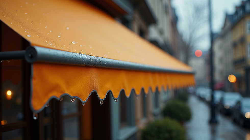 Close-up view of a durable fabric awning with water droplets