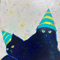 a painting of two blue cats wearing turquoise and yellow striped party hats.