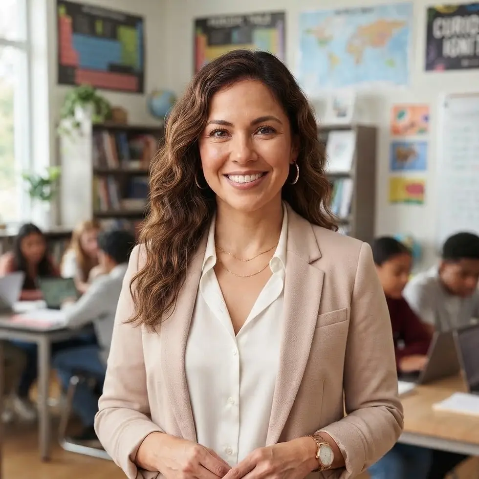 Studio photography of a smiling female teacher in a classroom. The background shows students working at desks, creating an educational and supportive environment.