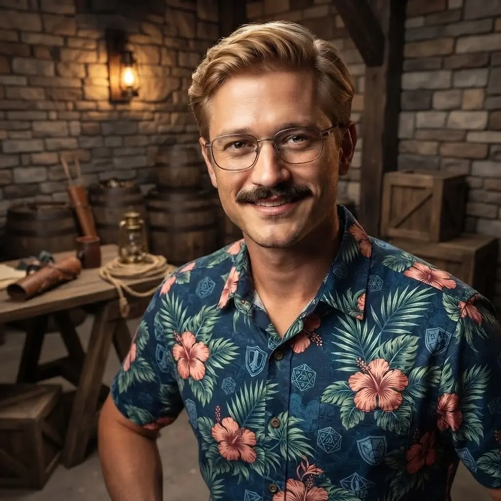 Studio photography of a man with a mustache and glasses wearing a floral shirt. He stands in a rustic, dungeon-like setting with stone walls and vintage lanterns.