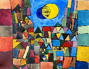 colorful painted scene of buildings clustered together