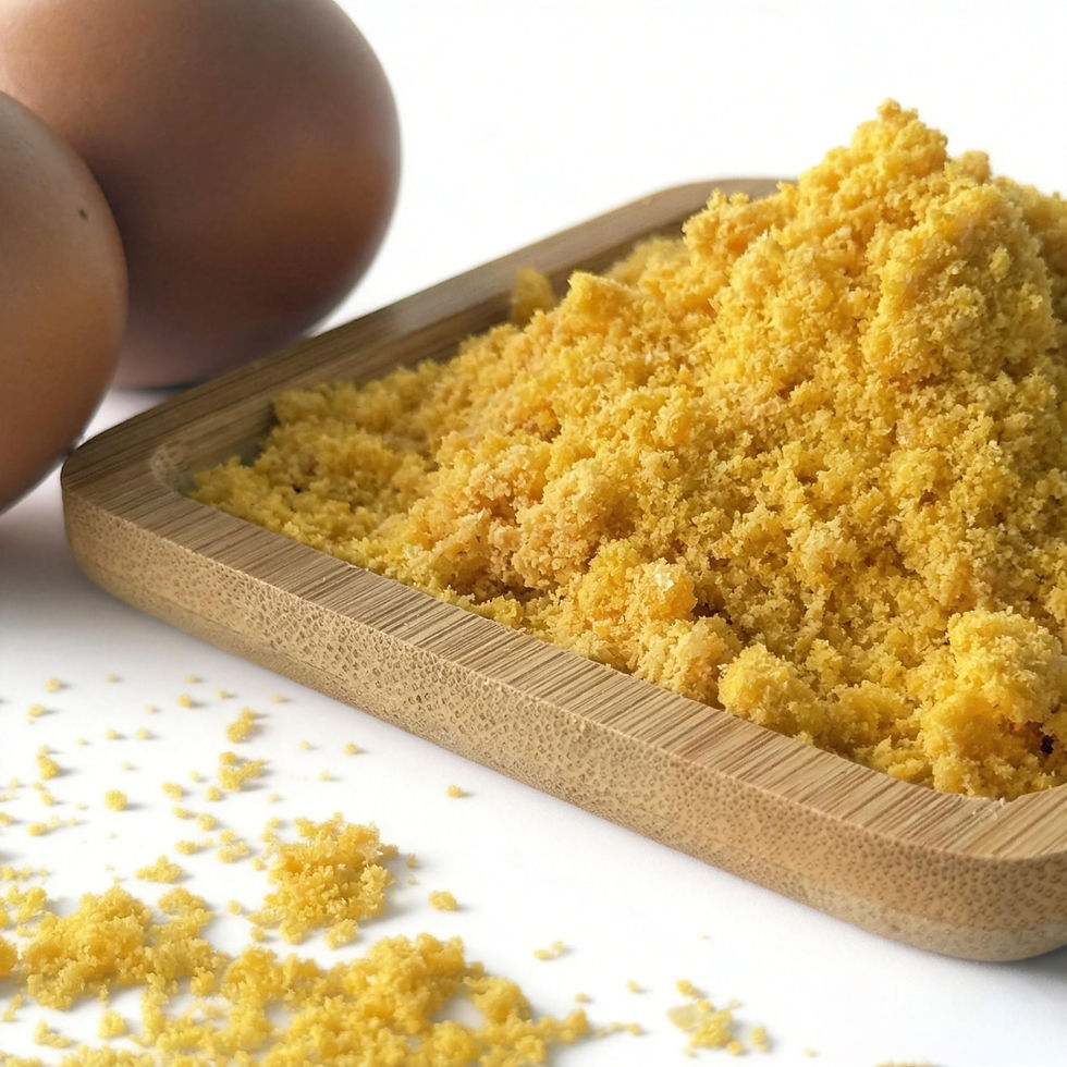 Egg yolk powder in a wooden tray with two whole eggs