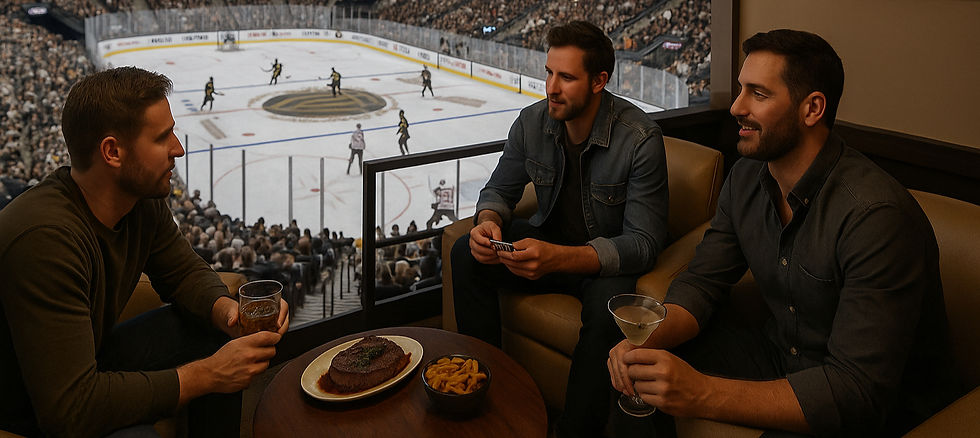 Trois amis regardant un match de hockey des Vegas Golden Knights depuis une loge VIP, savourant un repas et des cocktails dans une ambiance chic. L’aréna est pleine à craquer, le logo des Golden Knights brille sur l’écran géant, illustrant le luxe et l’énergie d’un voyage de boys à Las Vegas.