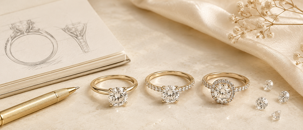 Croquis de bague, trois alliances en or serties de diamants, stylo et pierres sur fond beige doux.