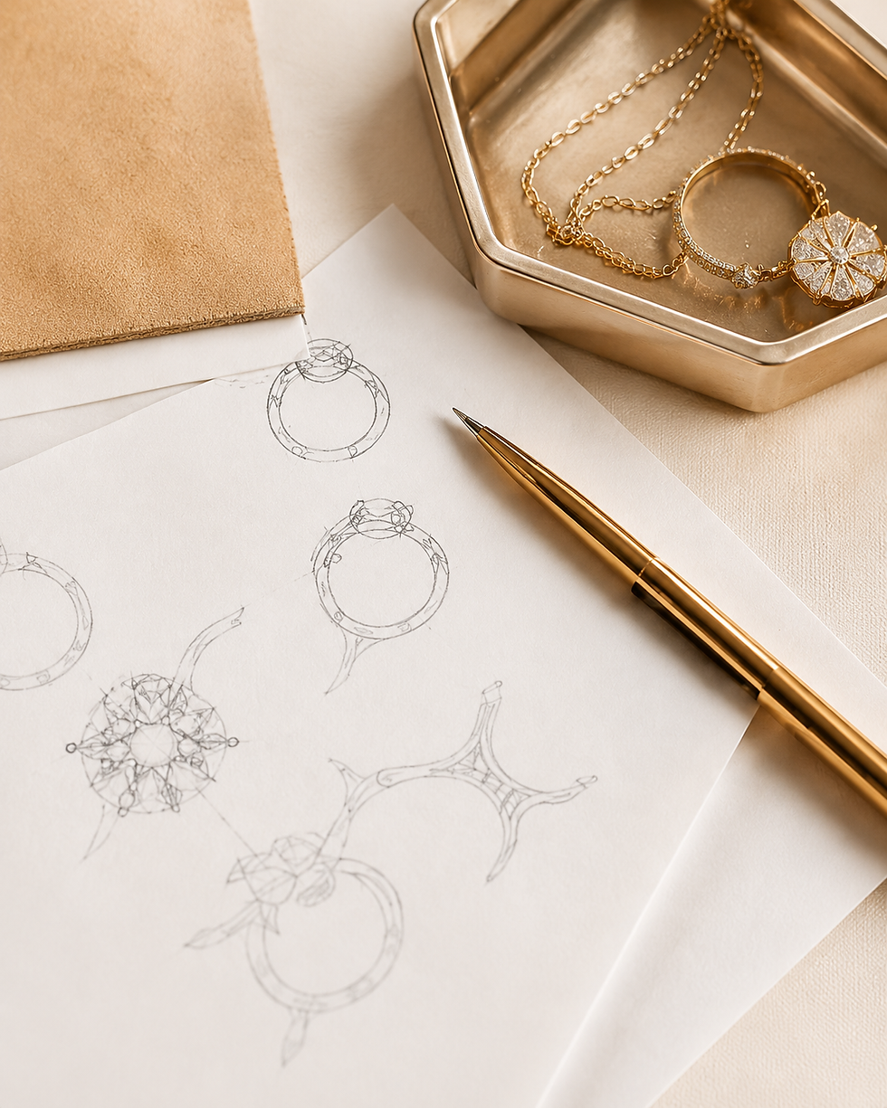 croquis de bagues et collier de diamant