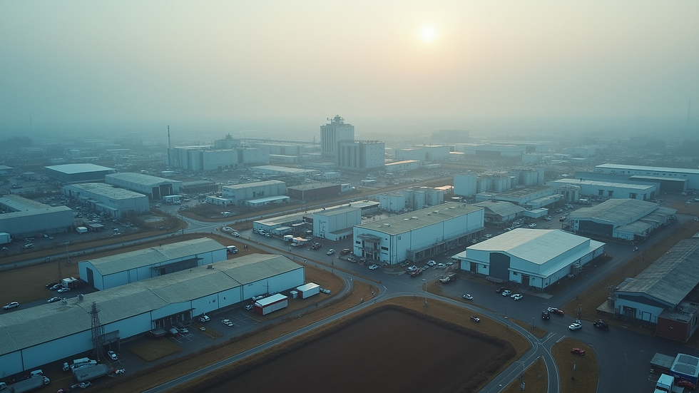 High angle view of sprawling industrial park with factories and warehouses