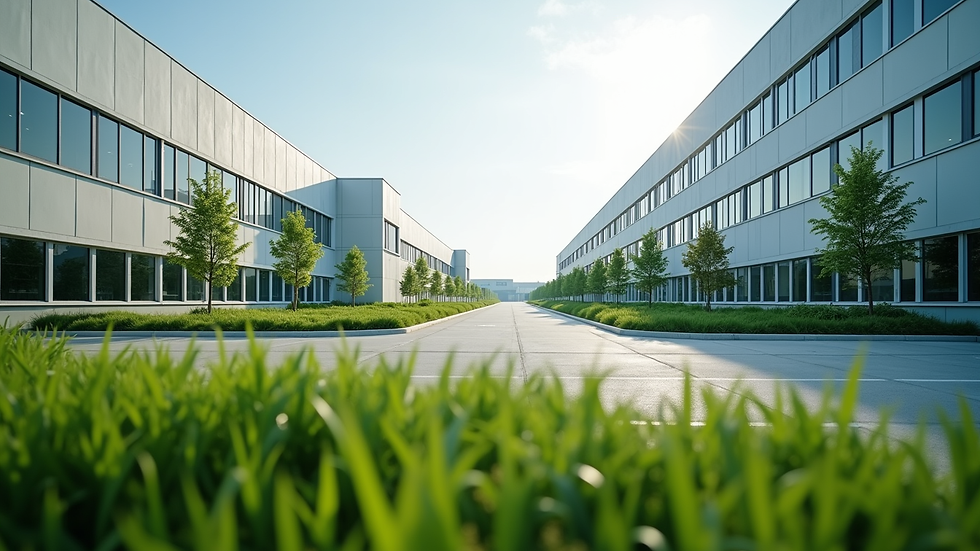 Eye-level view of a modern industrial park with green landscaping