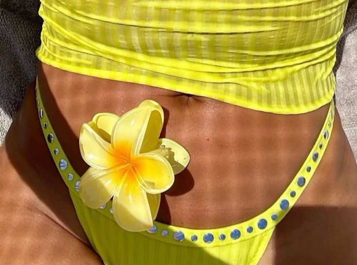 neon yellow bikini with yellow flower