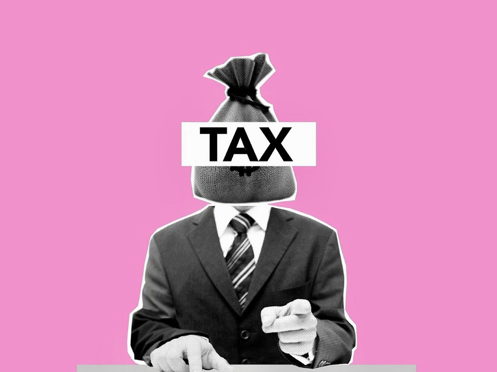 pink background and black and white cut out of a man with the word TAX