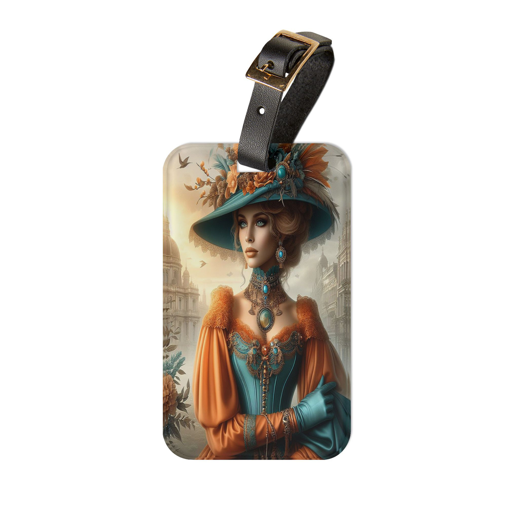 Victorian Lady in Turquoise and Orange Luggage Tag
