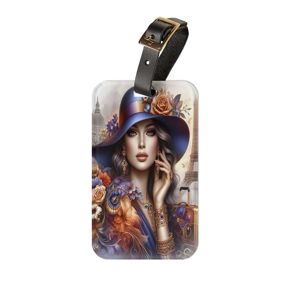 Thumbnail: Lady in Blue and Orange Luggage Tag