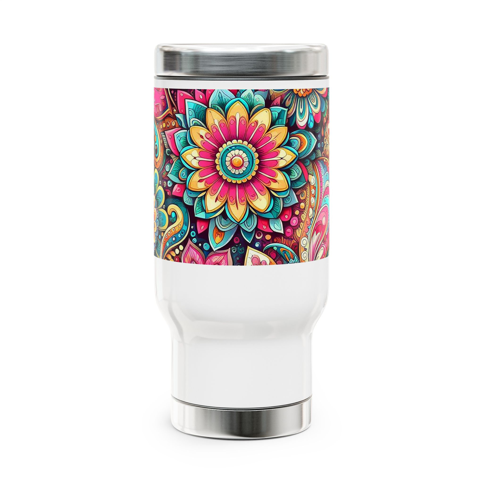 Pink and Teal Flowered Stainless Steel Travel Mug with Handle, 14oz
