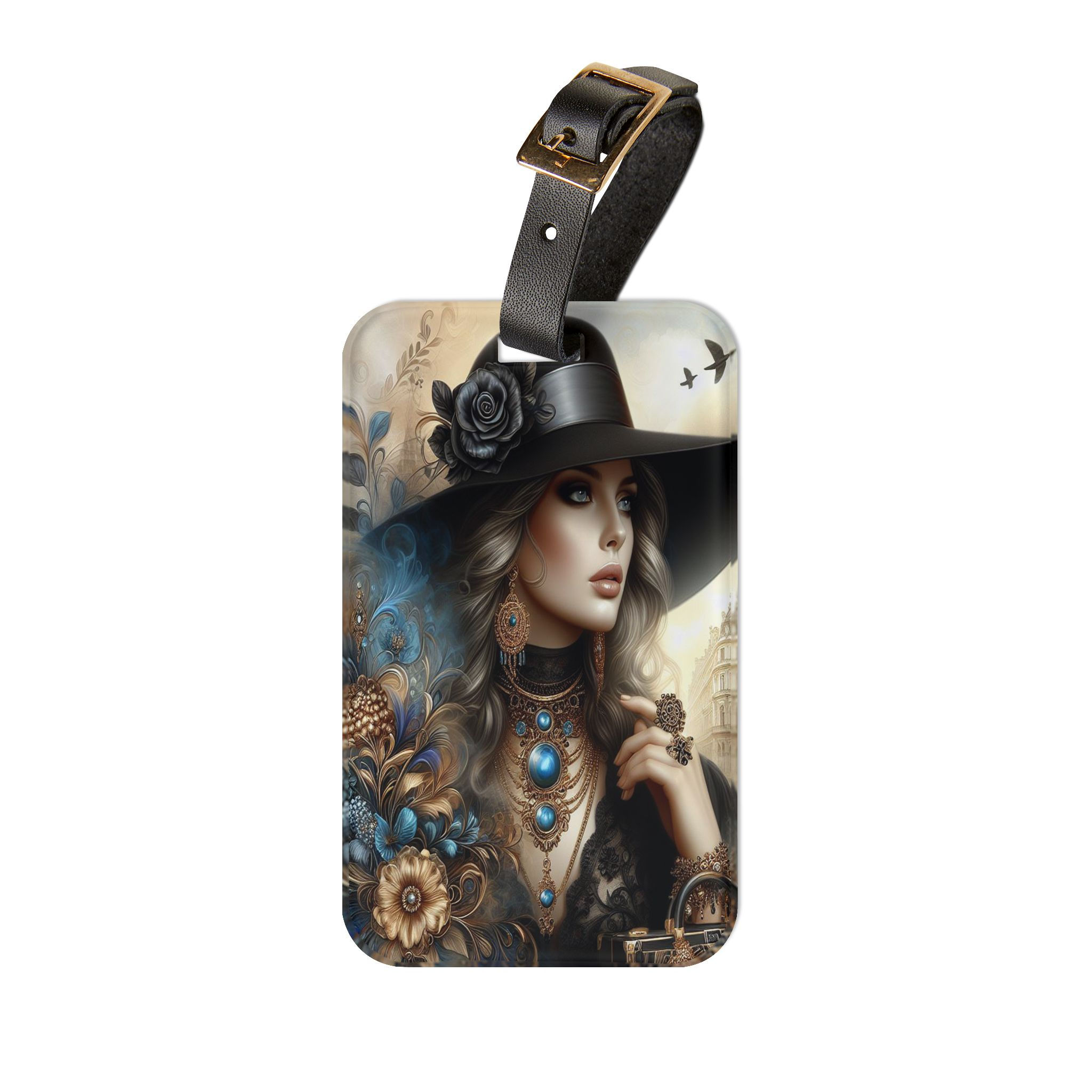 Lady with Black Hat and Blue Luggage Tag