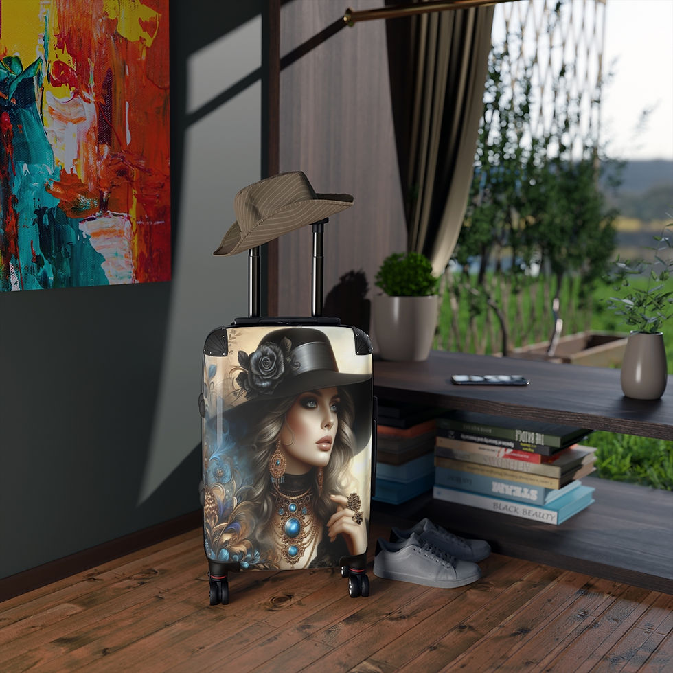 Thumbnail: Lady in Black Hat with Blue Suitcase