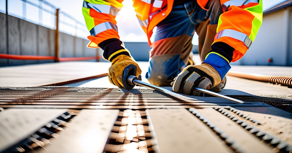 Concrete contractor installing rebar reinforcement for a concrete slab