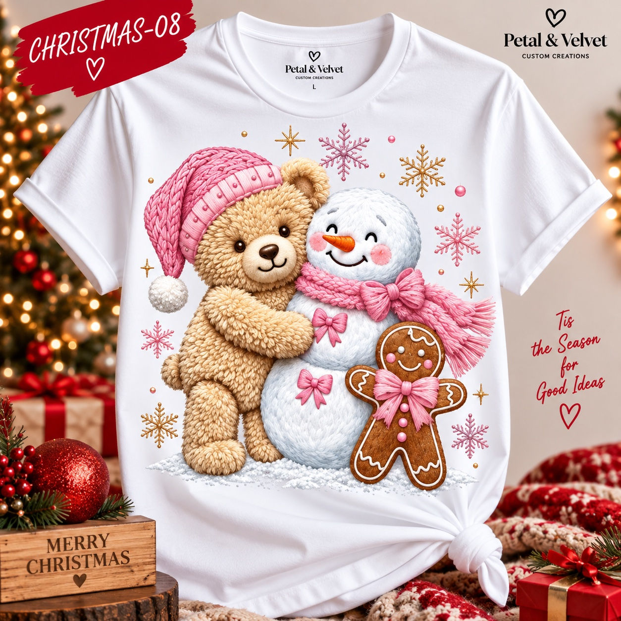 Pink Christmas Bear & Snowman design shown on a white short-sleeve T-shirt