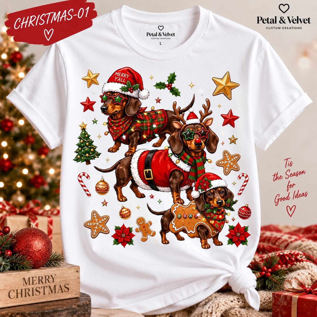 Christmas Dachshunds design shown on a white short-sleeve T-shirt