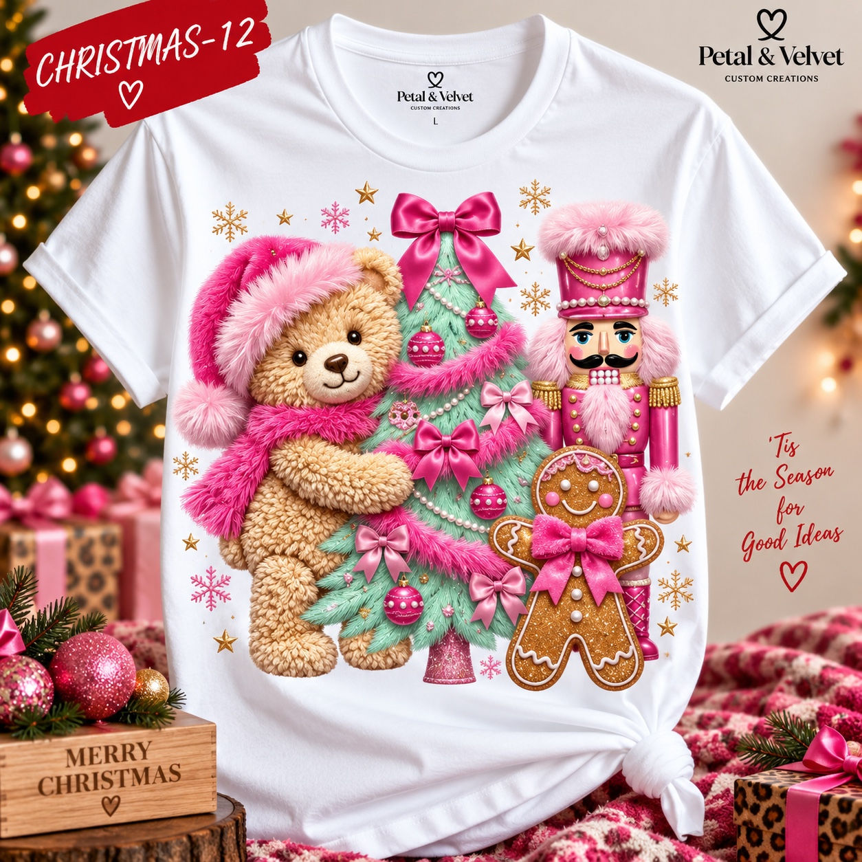 Pink Christmas Bear & Nutcracker design shown on a white short-sleeve T-shirt