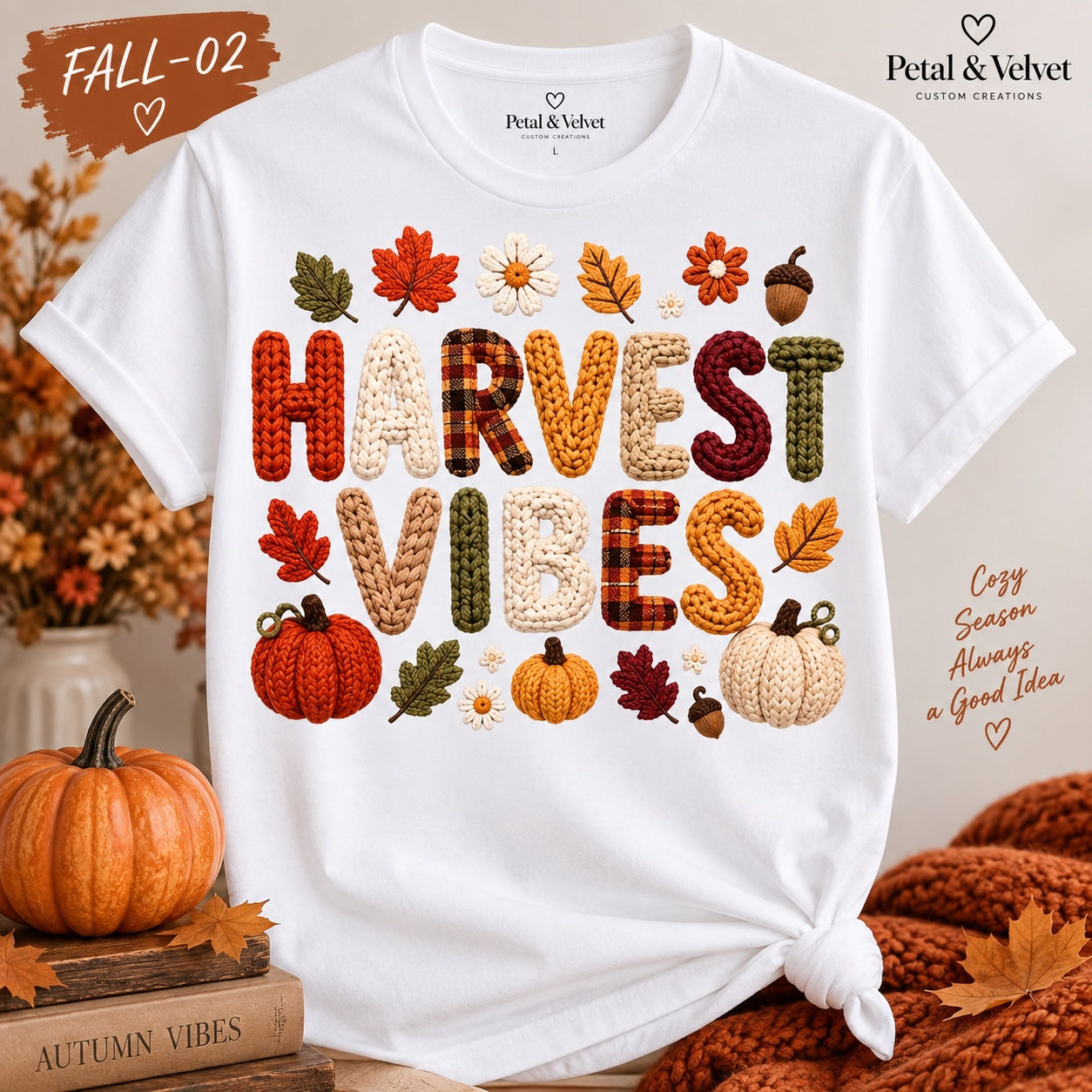 Fall-02 Harvest Vibes T-Shirt shown on a white short-sleeve T-shirt