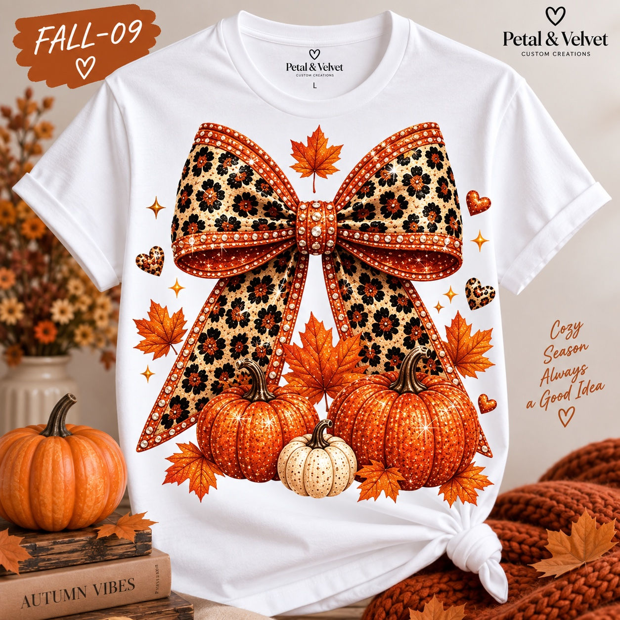 Fall-09 Leopard Bow & Pumpkins T-Shirt shown on a white short-sleeve T-shirt