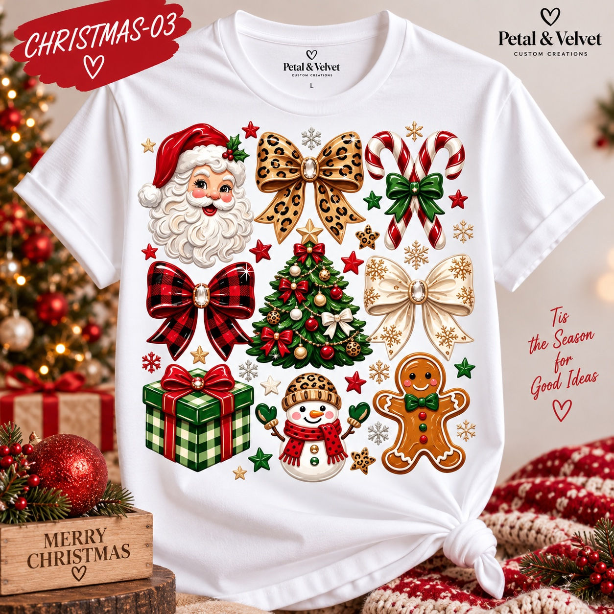 Christmas Holiday Icons design shown on a white short-sleeve T-shirt