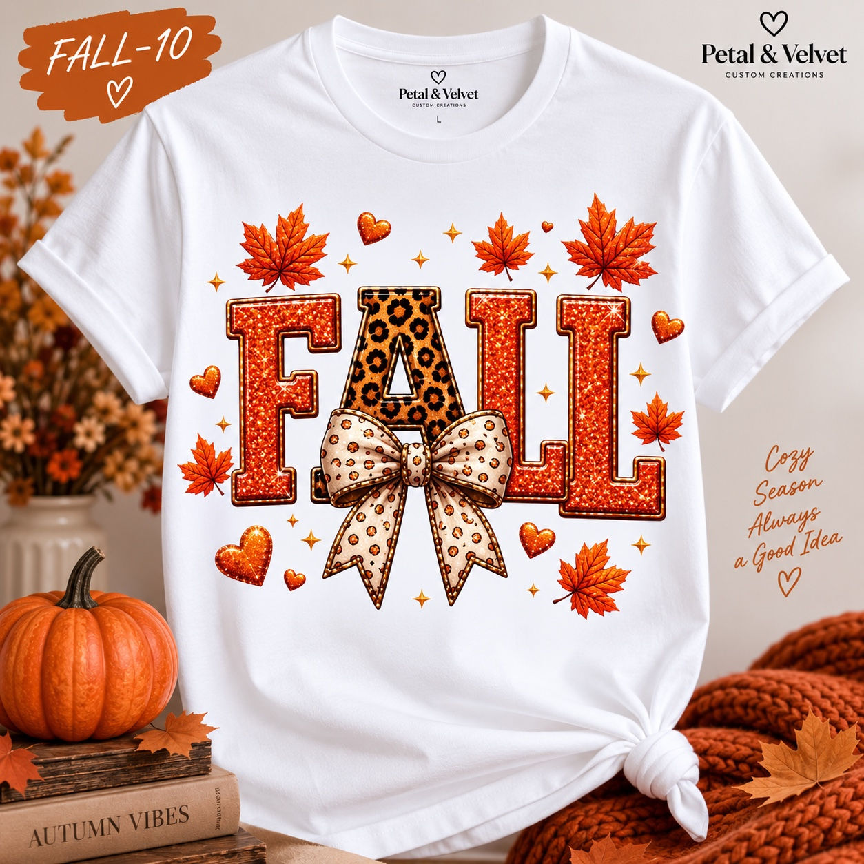Fall-10 Fall Bow T-Shirt shown on a white short-sleeve T-shirt