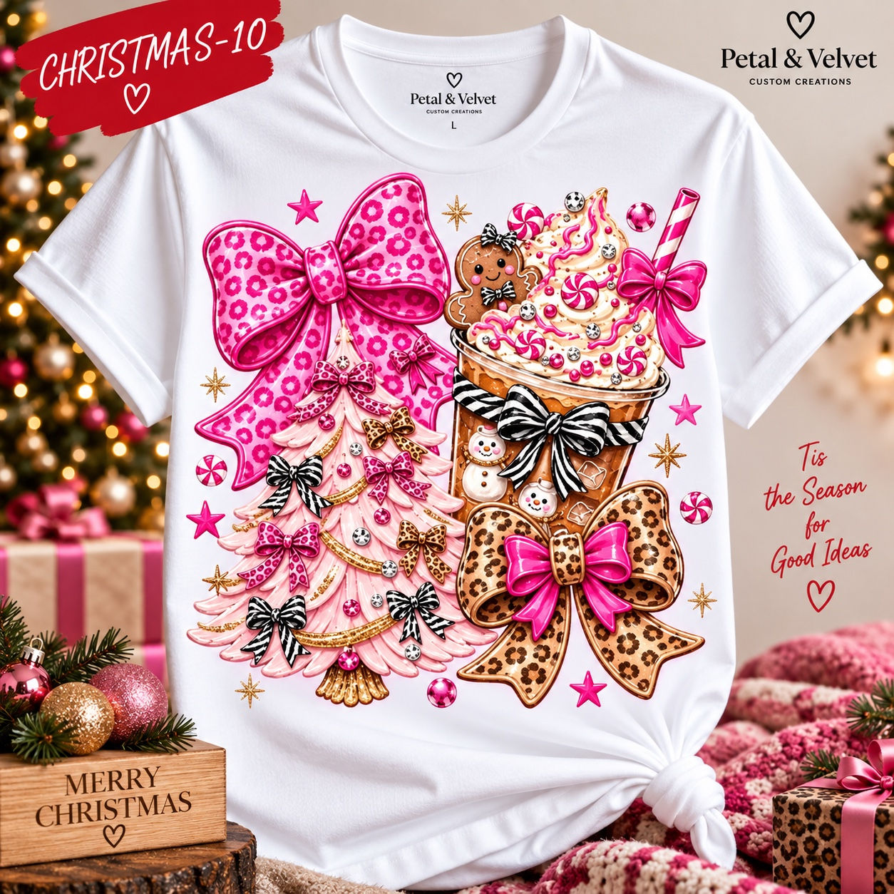 Pink Christmas Coffee & Bows design shown on a white short-sleeve T-shirt