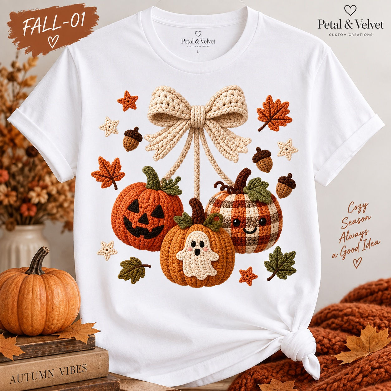 Fall-01 Pumpkin Bow T-Shirt shown on a white short-sleeve T-shirt