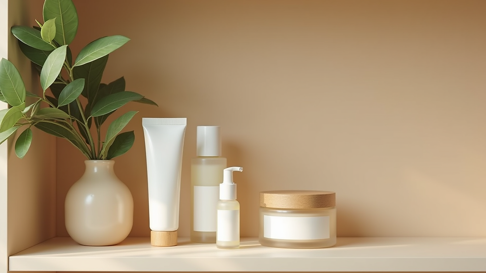 Eye-level view of organic skincare products arranged on a shelf