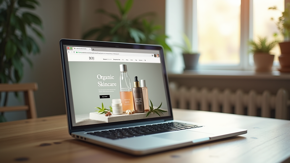 Eye-level view of a laptop screen displaying an organic skincare website