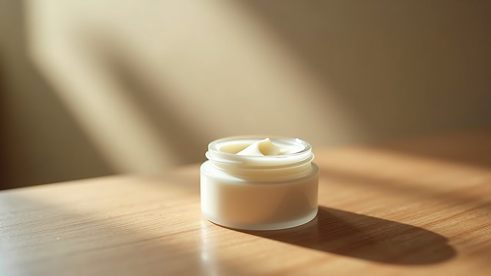 Eye-level view of a small jar of natural cream on a wooden surface