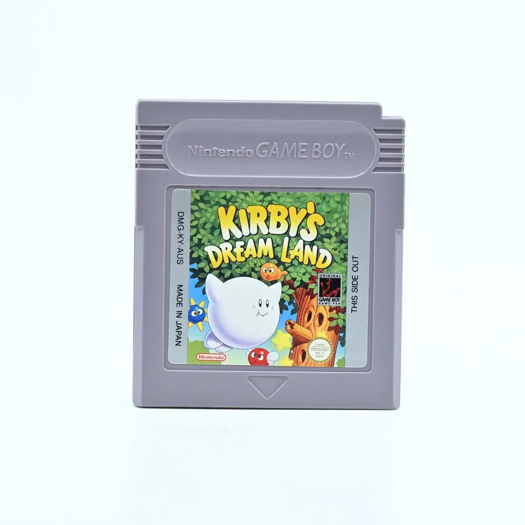Kirby’s Dream Land (Game Boy, 1992) by HAL/Nintendo—original GB cartridge; classic platformer where Kirby inhales enemies, fl
