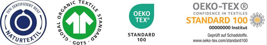 Zertifizierungen für nachhaltige Textilien: IVN Best, GOTS, OEKO-TEX STANDARD 100 – Siegel für schadstofffreie und umweltfreundliche Stoffe.