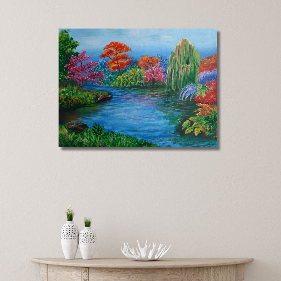 Thumbnail: handmade River With Trees Painting by Indian Artist