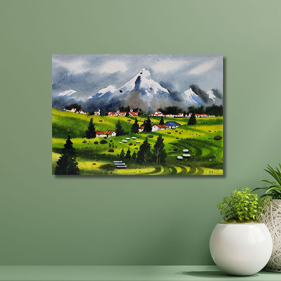 Thumbnail: original Village Watercolor Painting with frame