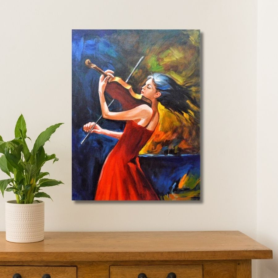 Thumbnail: handmade Girl In Red Dress Playing Violin Painting by Indian Artist