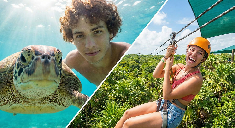 Комбинированный тур в Мексике: снорклинг с морскими черепахами в Акумале и активный отдых в эко-парке Танка среди джунглей.