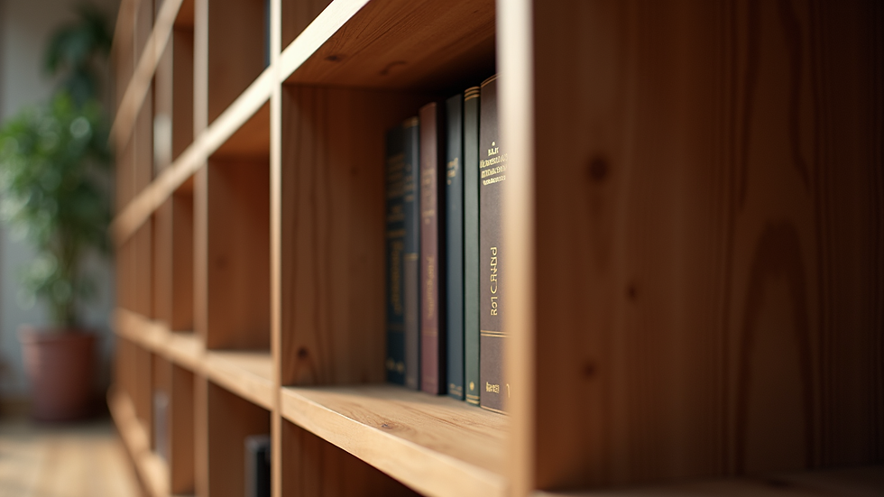 Eye-level view of a beautifully crafted wooden bookshelf