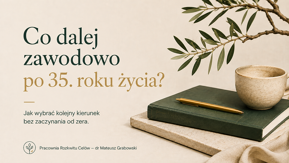 Grafika z pytaniem „Co dalej zawodowo po 35. roku życia?” na tle notesu, złotego pióra i rośliny, ilustrująca wybór kolejnego kierunku kariery. Pracownia Rozkwitu Celów – dr Mateusz Grabowski, coach kariery i rozwoju osobistego.