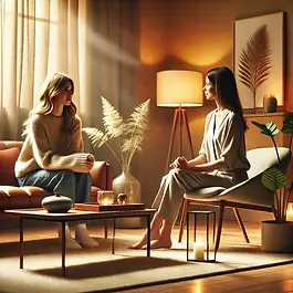 En coach veileder en kvinne i en coachingøkt. De diskuterer måloppnåelse og personlig utvikling i et trygt og fokusert miljø med myk belysning og komfortable omgivelser. Coachen hjelper klienten med å utvikle strategier for å nå sine mål og overkomme utfordringer.