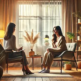 En kvinne sitter med en terapeut under en eksponeringsterapiøkt, der de gradvis konfronterer en fryktutløsende situasjon. Rommet er beroligende og trygt med myke farger og planter, noe som fremmer en følelse av trygghet mens de jobber med å redusere fryktens intensitet.