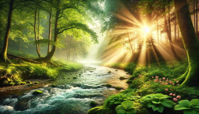 En frodig skog, en rolig elv og sollys som skinner gjennom trærne – perfekt for en helbredende atmosfære.