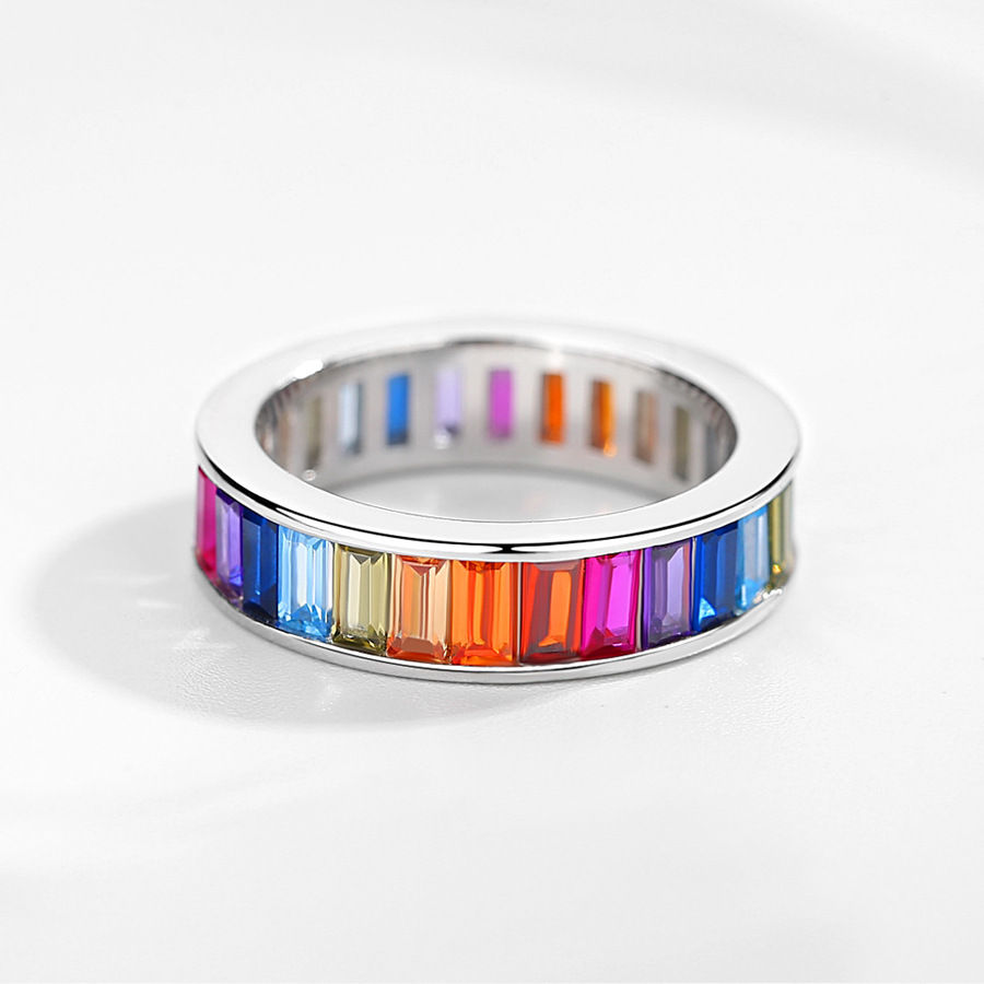 Sterling Silver Rainbow Ring – Minimalist Multi-Stone Band Design