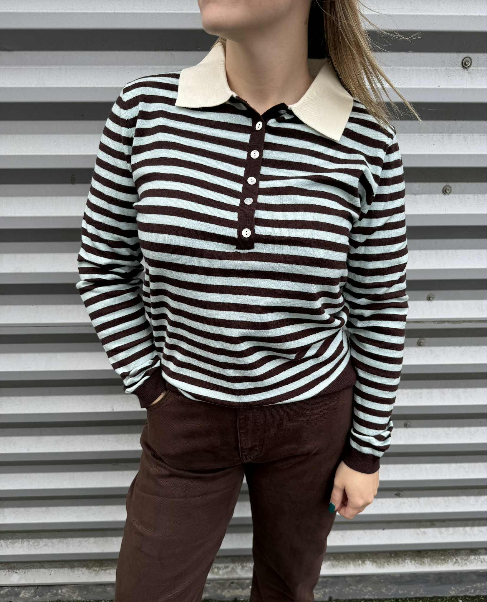 Polo longue manche ligné brun et vert d'eau