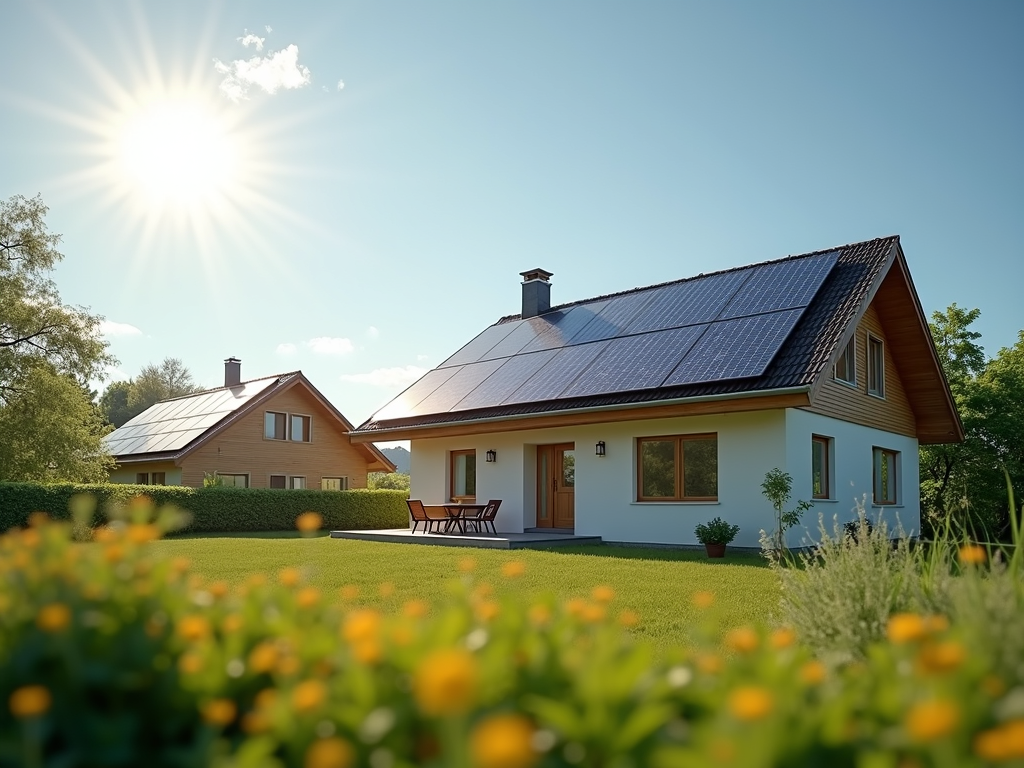 Solar panels on the roof of a modern home in bright sunlight.