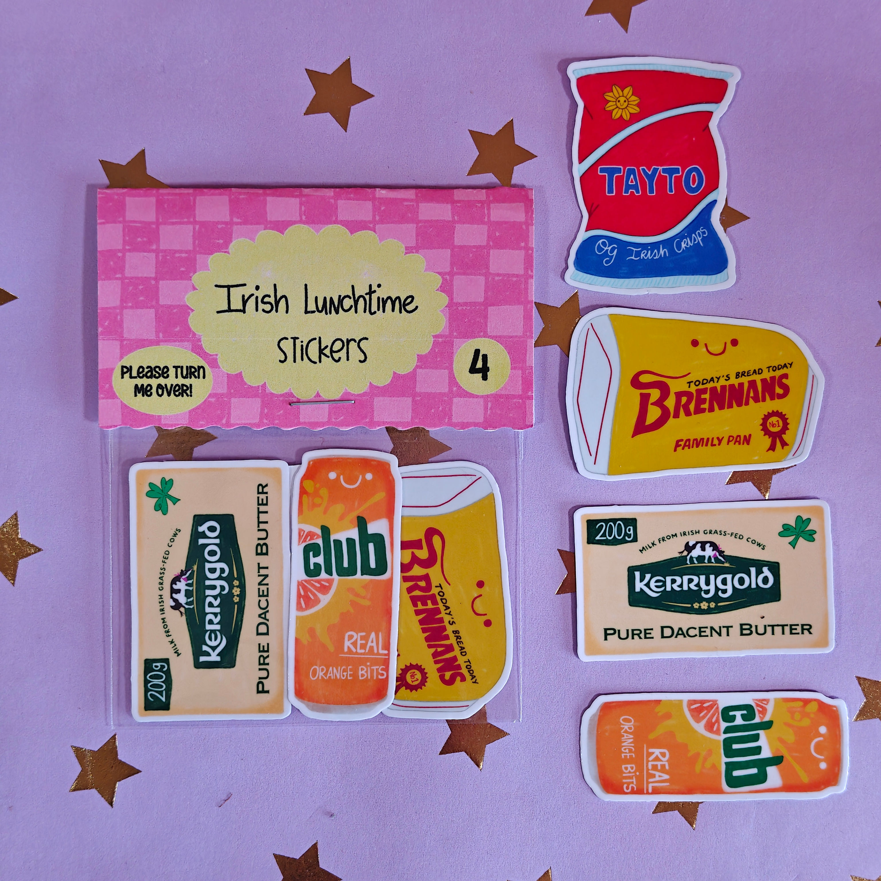 Irish lunchtime sticker pack - kerrygold butter, brennans bread, tayto crisps & club orange stickers