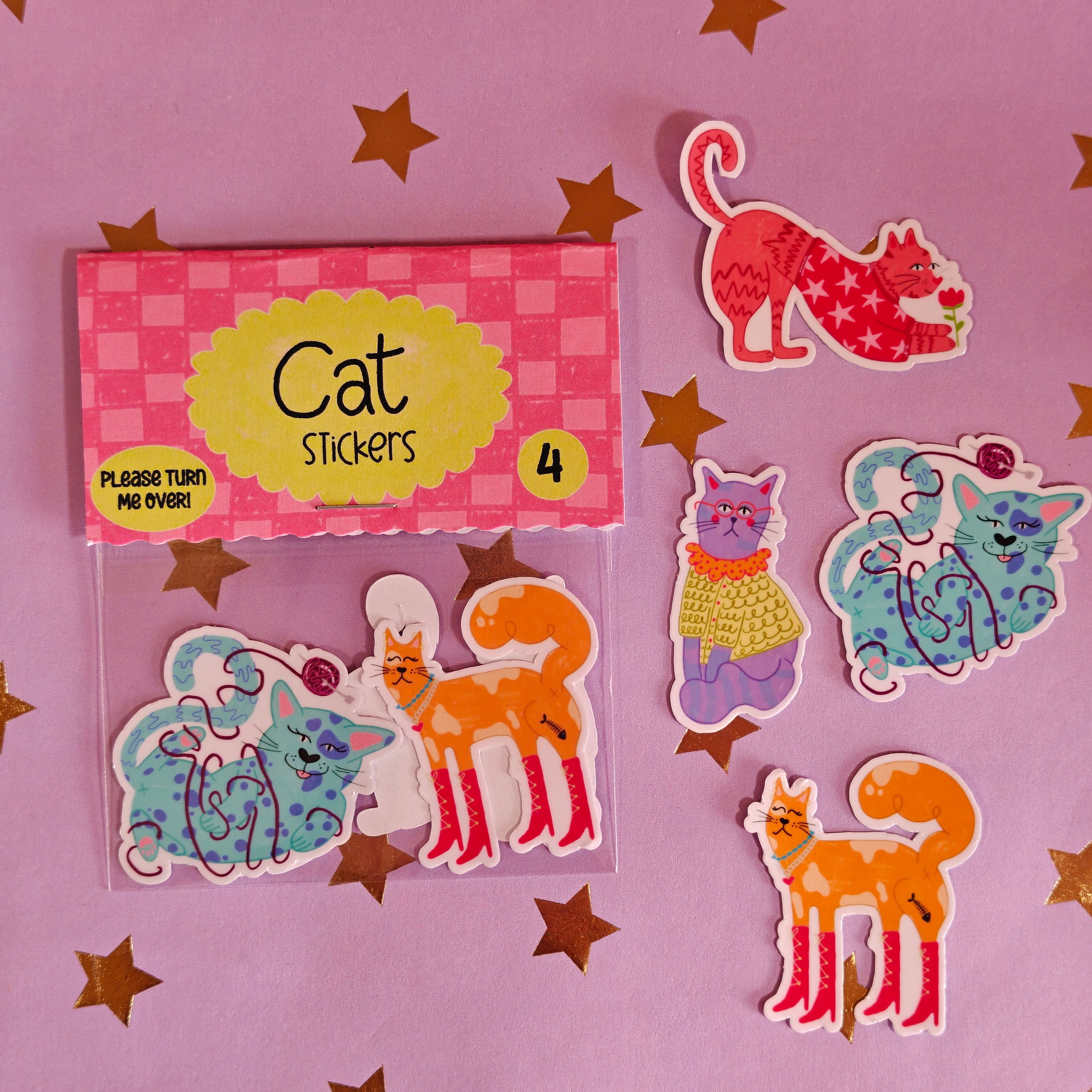 Cat sticker pack- pink cat smelling flower, ginger cat in boots, Blue cat with wool, granny cat in jumper